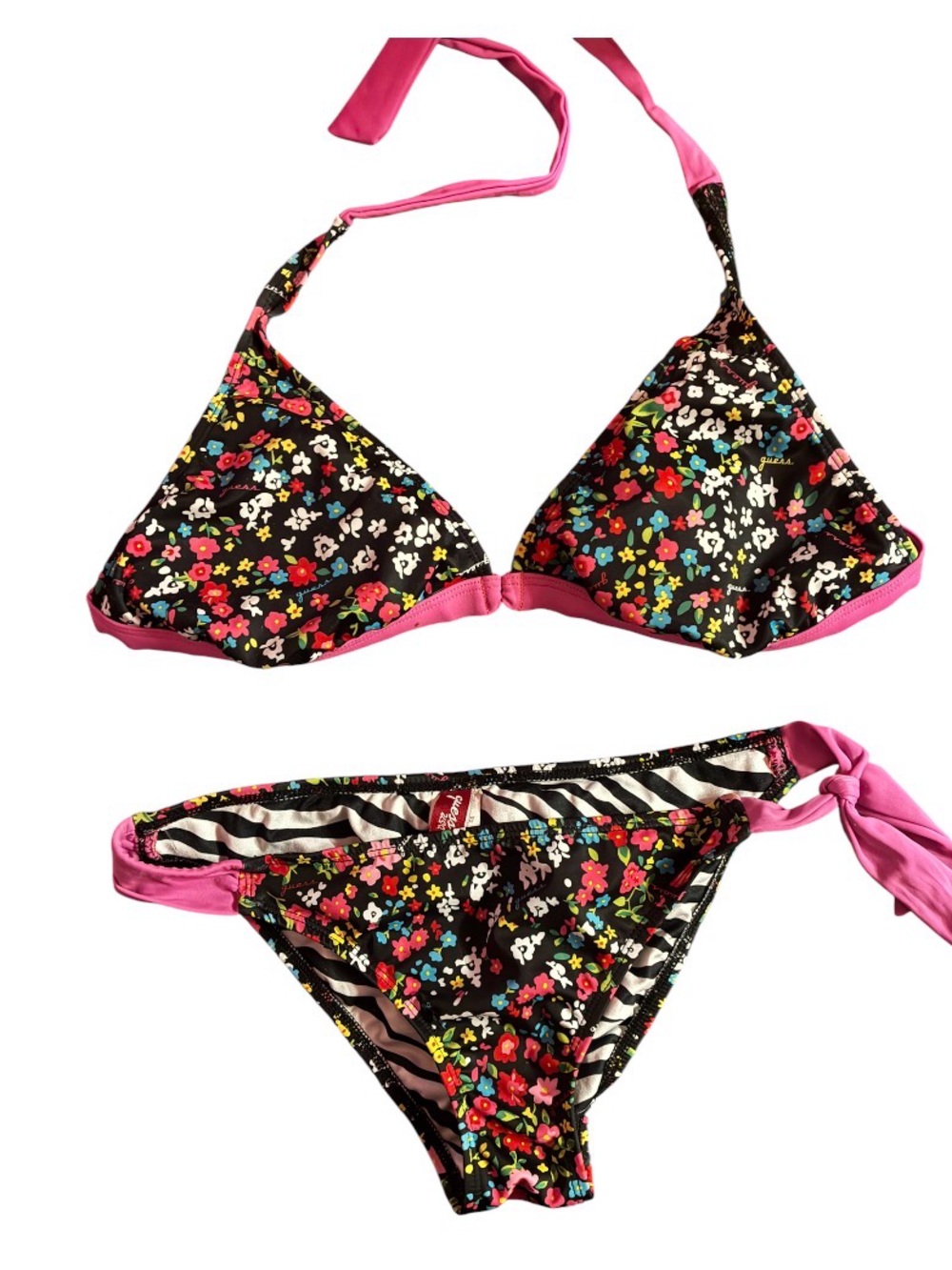 Guess Floral Triangle Bikini in Black with Pink Trim Sz med